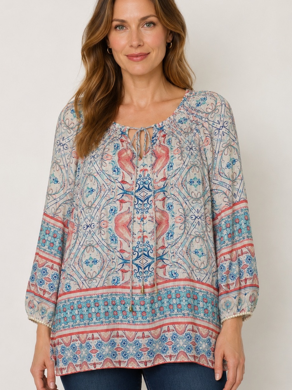 Charter Club Luxury Linen Boho Tunic with Blue & Pink Print